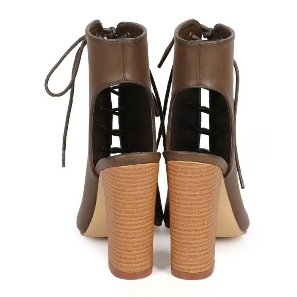 Liliana Sage-11 Vegan Leather Peep Toe Lace Up Chunky Cutout Heel Bootie Olive